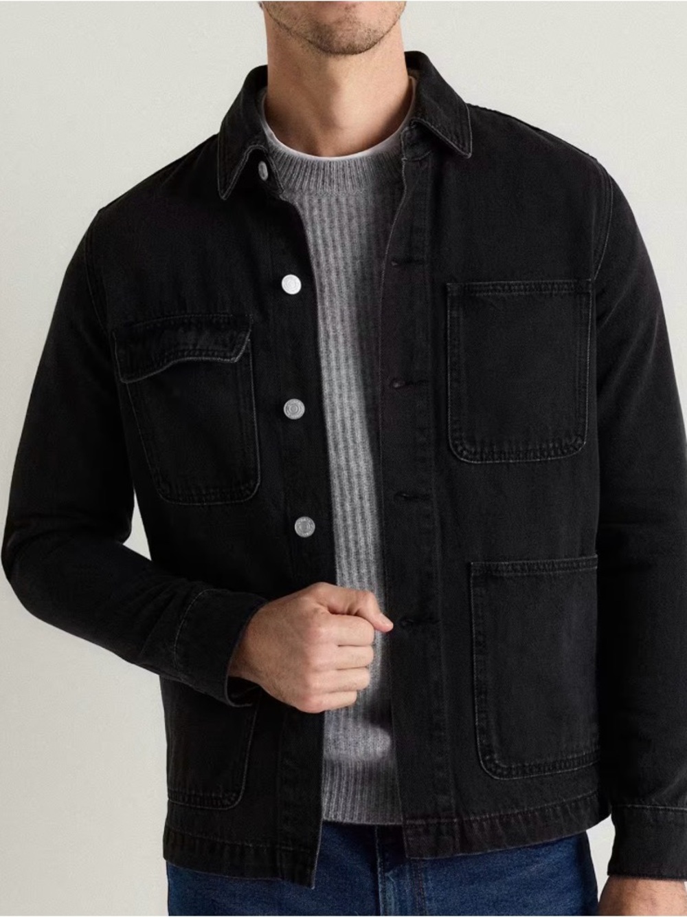 Quince Men's 100% Cotton Denim Chore Jacket, Washed Black, Size L